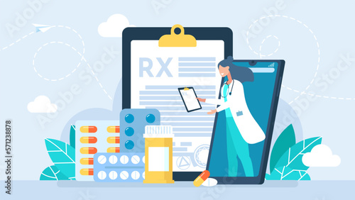 Online Pharmacy concept. Pharmacist holding prescription with medication, pills bottle, prescription drugs, antibiotic for disease treatment. Female pharmacist. Consultation. Flat vector illustration