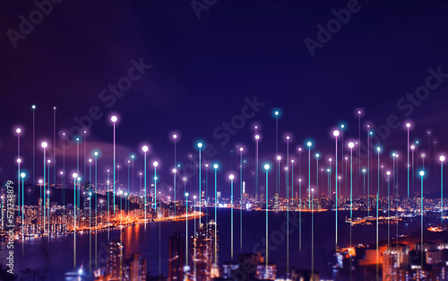 Telecommunication and communication network concept. Big data connection technology. Smart city and digital transformation.	