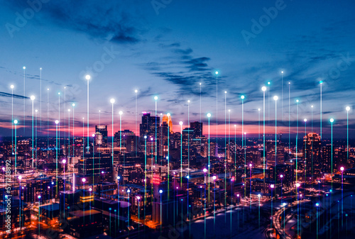 Telecommunication and communication network concept. Big data connection technology. Smart city and digital transformation.	 photo