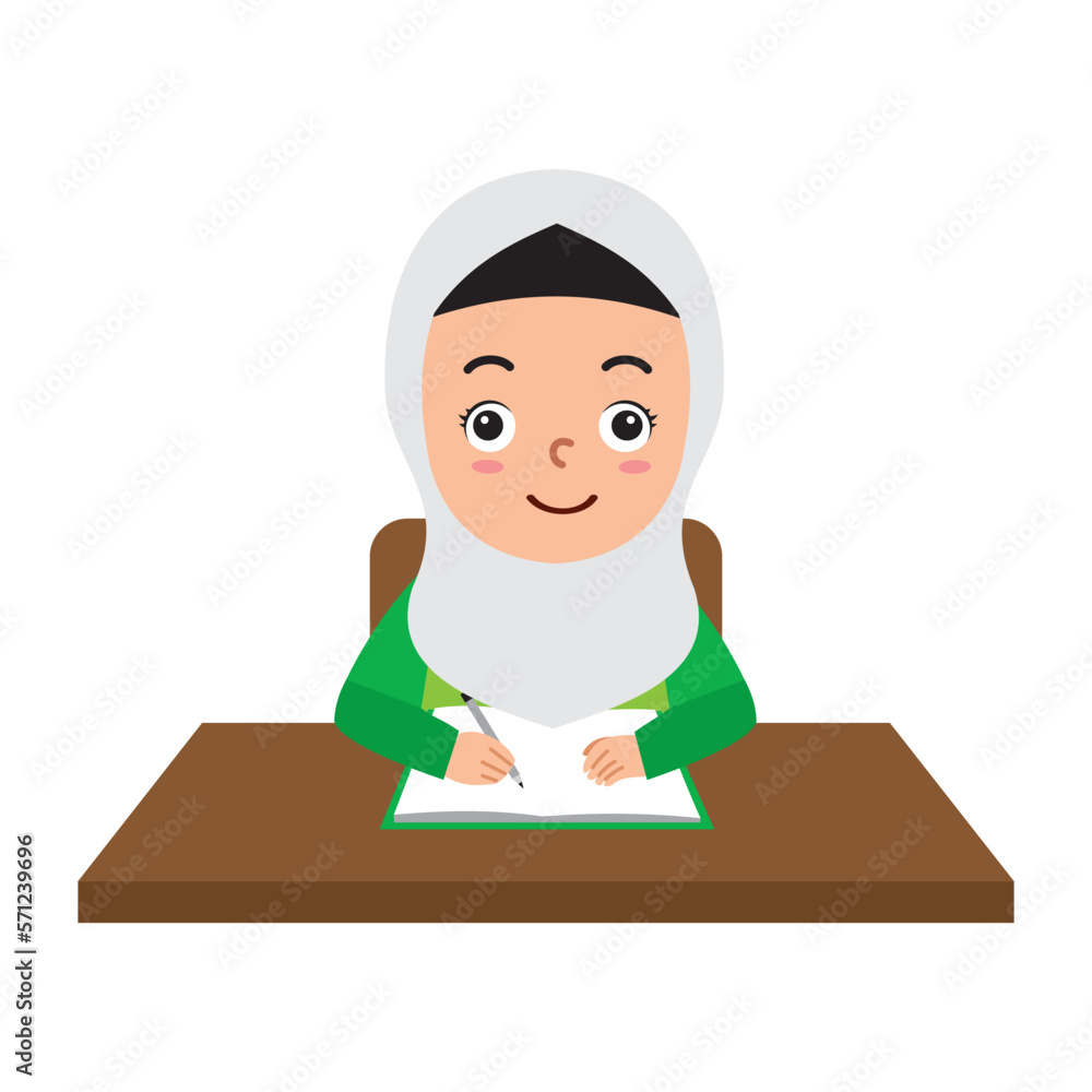 Elementary school girl student is writing in a book Elementary school girl student is writing in a book