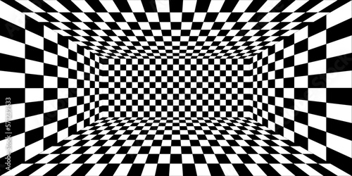 Rectangle room with checkered surface. Hall, studio or portal interior texture in perspective. Inside structure of box with black and white squared pattern. 3D dimension