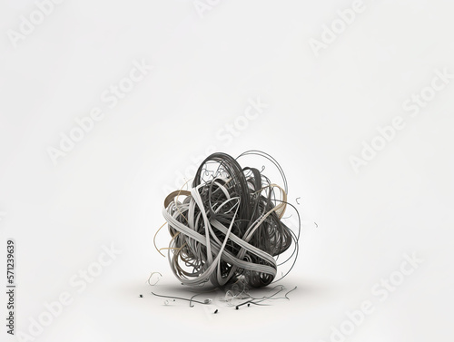 A chaotic tangle of white and black threads