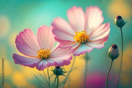 Gently pink cosmos flowers outdoors in spring summer close-up on turquoise and yellow background with soft selective focus  generative ai