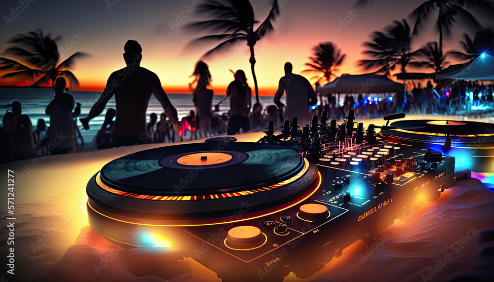 Outdoor night beach music party. Professional sound system dj console