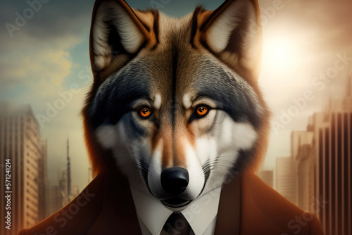 Generative AI: a wolf wearing a suit and tie in the street