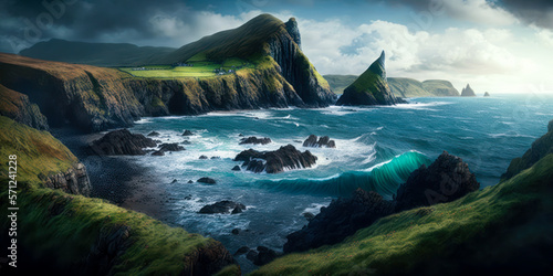 Ireland landscape, cliffs, ocean, wide, panorama. Generative AI