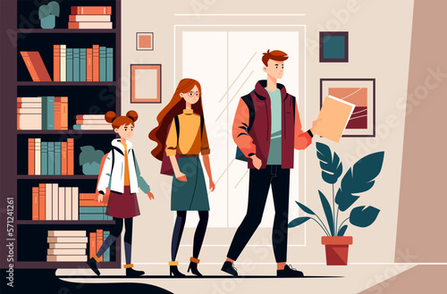 cute students in casual clothes studying in library or bookstore with books and bookshelves education concept