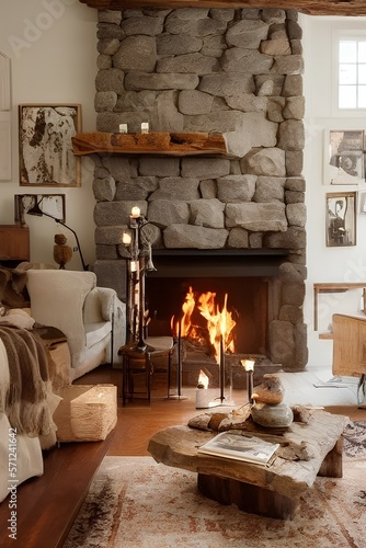 A cozy fireplace with burning logs, wooden mantel, stone walls, stone floor, two candlesticks and vintage clock - generative ai