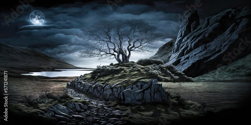 Ireland landscape, night, bare tree, wide, panorama. Generative AI © Sunshower Shots
