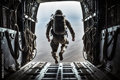 Photo Airborne soldier jumping out of plane. Generative AI
