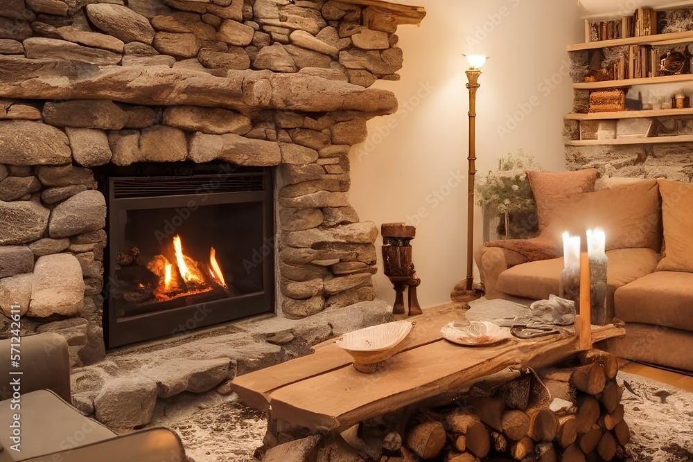 A cozy fireplace with burning logs wooden mantel stone walls