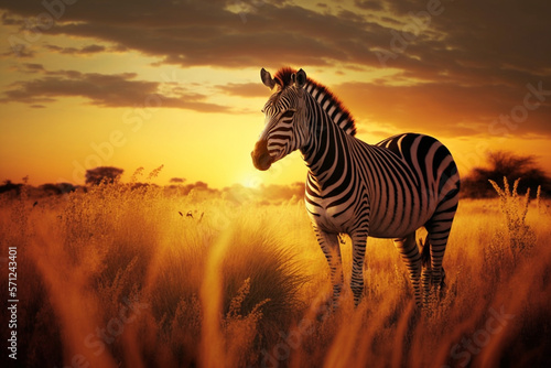 Zebras in the African savanna against a beautiful sunset.Generative AI.