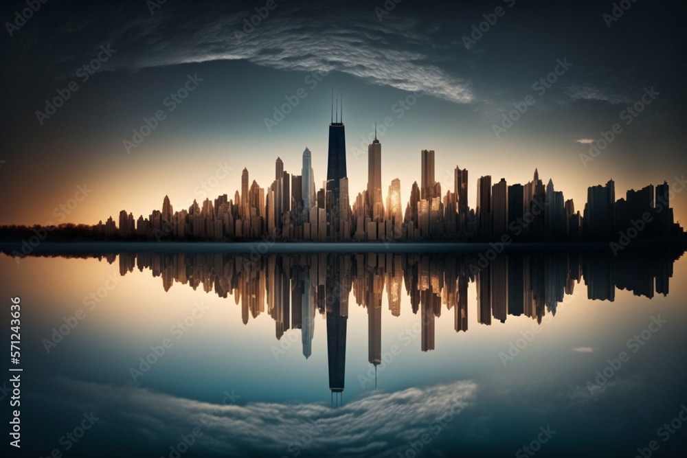 City skyline with skyscrapers in magic sunset, with water reflection. Generative ai.