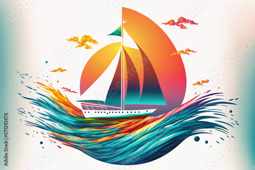 Minimal colorful logo-boat sailing in the ocean on white. Generative AI.