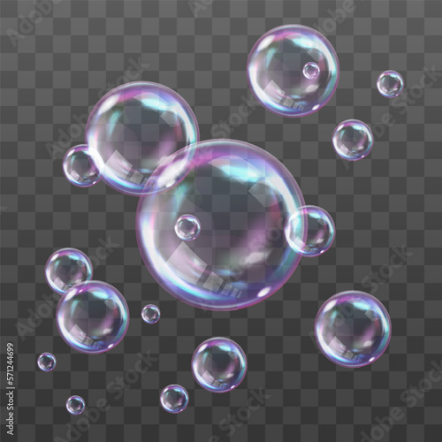 Vector realistic soap bubbles with rainbow reflection isolated on png background. Transparent colorful soap bubbles. Vector design element