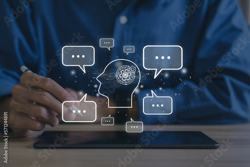 ChatGPT Chat with AI or Artificial Intelligence.ChatGPT Chat with AI or Artificial Intelligence.Young businessman chatting with a smart AI.Chat bot concept