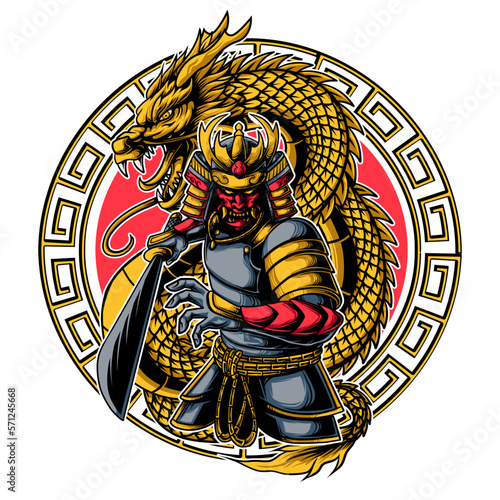 Japanese samurai warrior with dragon. circle ornament background. vector illustration