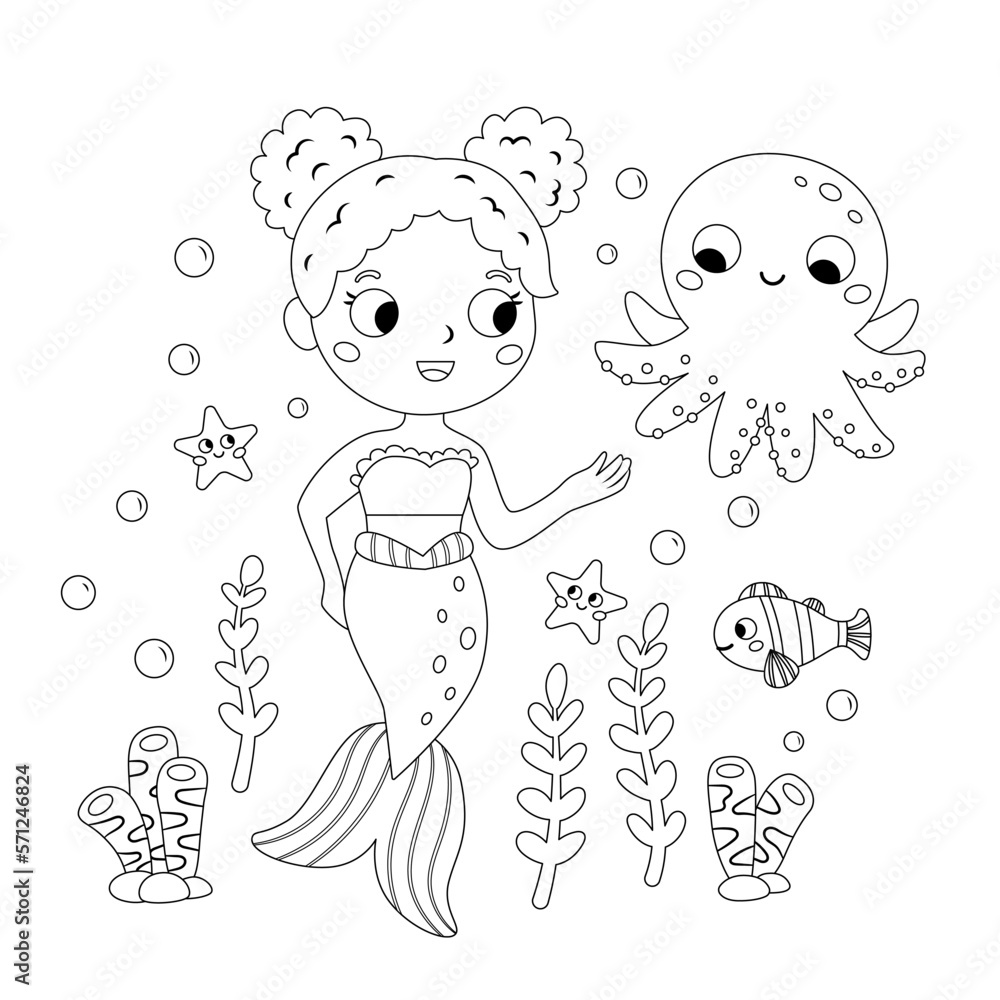 Coloring page with mermaid and octopus. Fairy tale character. Cartoon kawaii style. Black and white vector illustration for coloring book. Coloring page with mermaid and octopus. Fairy tale character. Cartoon kawaii style. Black and white vector illustration for coloring book.