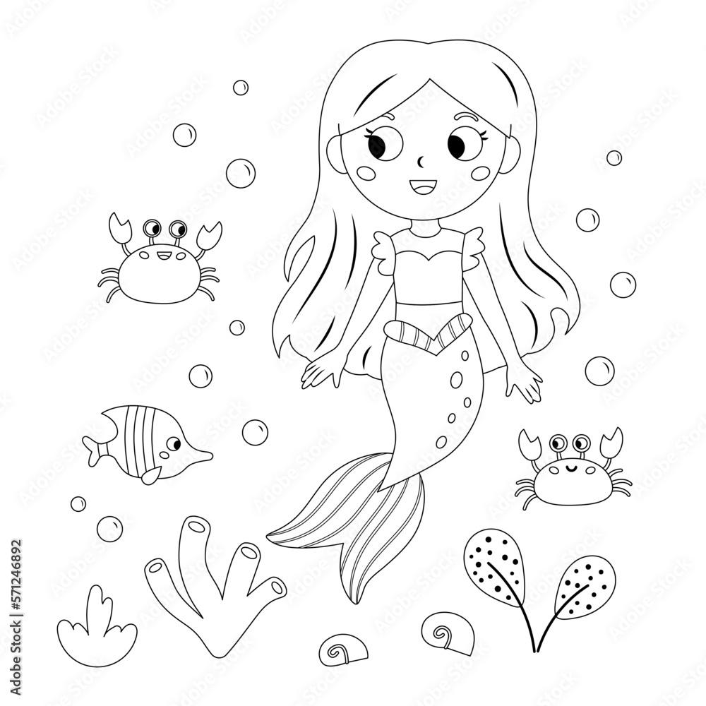 Coloring page with cute mermaid, crabs and fish. Kawaii cartoon style ...