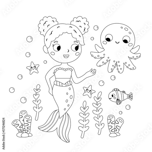 Coloring page with mermaid and octopus. Fairy tale character. Cartoon kawaii style. Black and white vector illustration for coloring book.