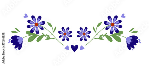 Floral spring decorative element, flower divider for wedding invitation, Women's Day. Springtime vector flowers composition for Mother's Day. Blossom flowers decoration, isolated on white background