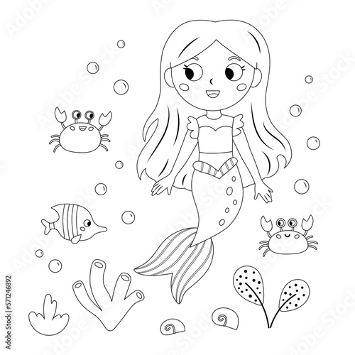 Coloring page with cute mermaid  crabs and fish. Kawaii cartoon style. Black and white vector illustration.