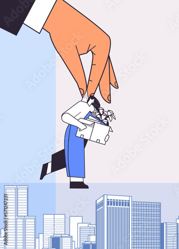 big boss hand holding fired dismissed business woman with things unemployment crisis jobless employee job reduction layoff