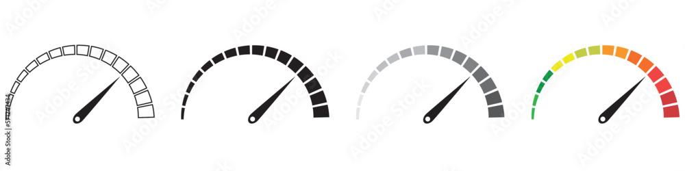 Set of speedometer icons. The level of customer satisfaction. Risk level sensor. Colorful info graphic speedometer icon set. Performance meter.