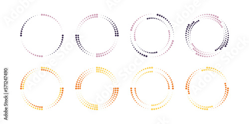 Set of simple dotted frames, templates for text. Round frame, dotted wreath, simple design elements, circle for highlights, emblems, isolated on white background. Pastel round frame made of dots.
