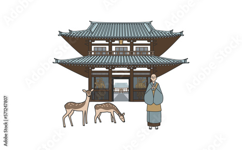 お寺の山門とお坊さんと鹿のイラスト　アウトラインあり