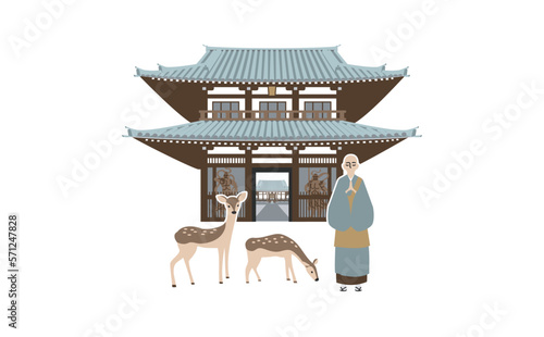 お寺の山門とお坊さんと鹿のイラスト　アウトラインなし