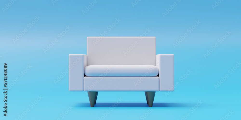 White single seat sofa with armrest isolated on blue background. Front, ad template space. 3d render White single seat sofa with armrest isolated on blue background. Front, ad template space. 3d render