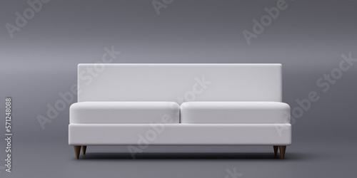 White double seat sofa isolated on grey background. Front view of modern cozy furniture. 3d render