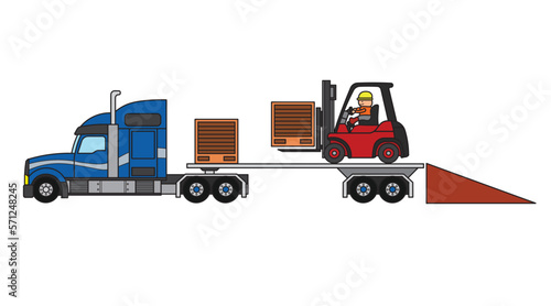 Vector illustration color children construction trailer truck with forklift and boxes