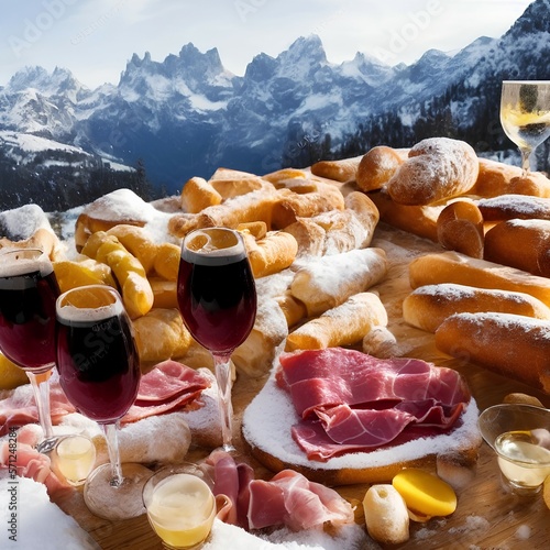 Traditional Italian food and drinks outdoors on a sunny winter day. romantic mountain picnic, mountains background, baguette with Lambrusco cheese and ham in the snow - generative ai