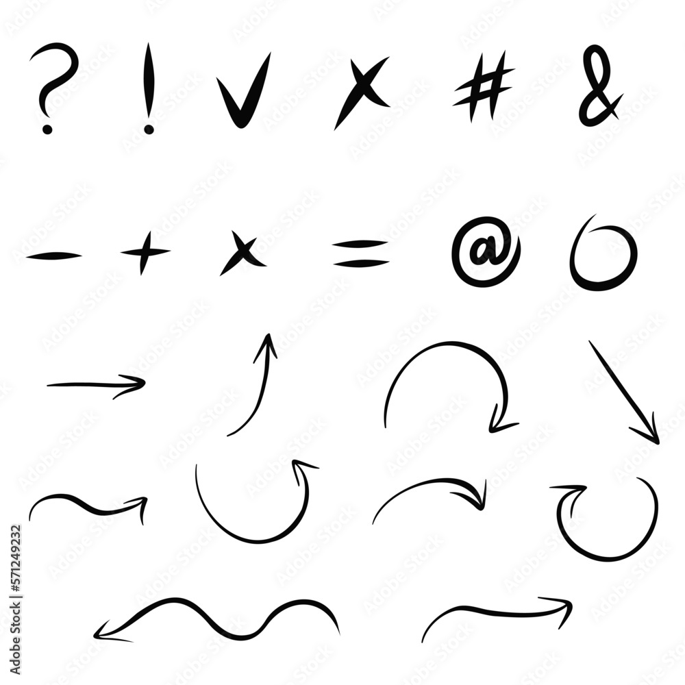 Doodle vector arrows and design elements. Hand drawn set of icons, arrows in cartoon style. Vector abstract illustration Doodle vector arrows and design elements. Hand drawn set of icons, arrows in cartoon style. Vector abstract illustration