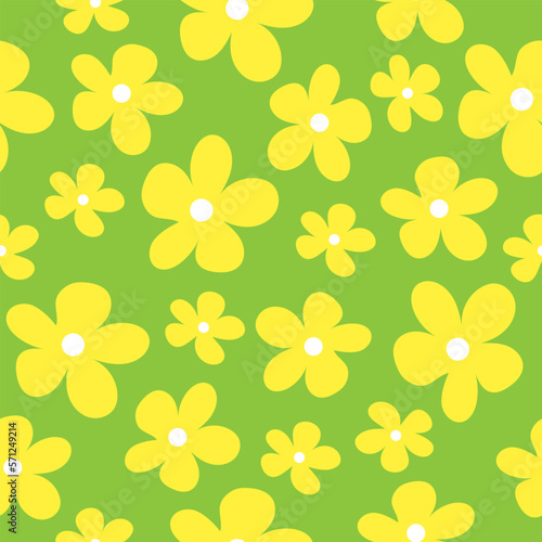 Seamless pattern of hand-drawn yellow flowers on a green background