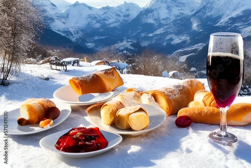 Traditional Italian food and drinks outdoors on a sunny winter day. romantic mountain picnic, mountains background, baguette with Lambrusco cheese and ham in the snow - generative ai