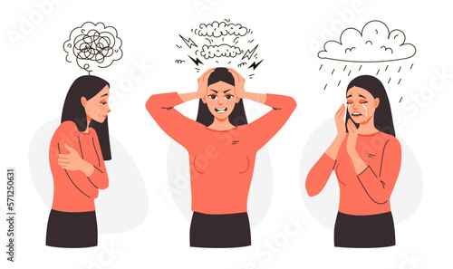 Sad woman cry, get angry, feel stressed. A frustrated woman with problems. Stress Awareness. Mental health. Flat modern vector illustration.
