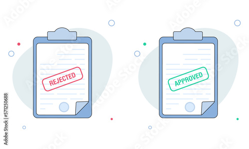 Paper document with approved or rejected stamp. Business concept. Vector illustration in flat design