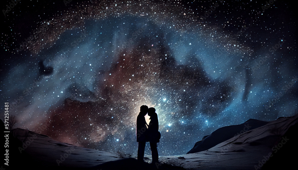 A loving couple kissing under a starry sky. generative AI