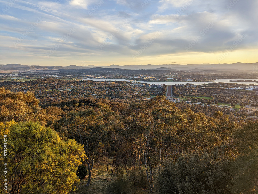 A view  towards the centre of Canberra, ACT, Australia, and beyond to  Parliament House.