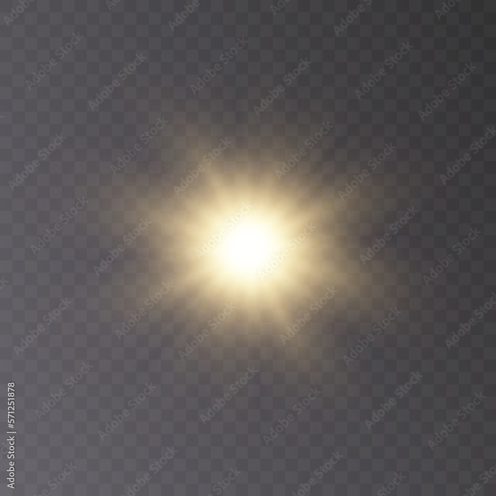 Bright sun shines with warm rays, vector illustration Glow gold star on a transparent background. Flash of light, sun, twinkle. Vector for web design and illustrations.	