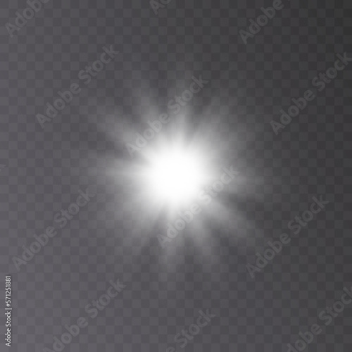 Bright sun shines with cold rays, vector illustration Glowing white star on a transparent background. Flash of light, sun, twinkle. Vector for web design and illustrations. 