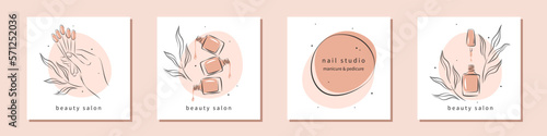 Set of card With logos for nail studio or salon. Beautiful female hands with color samples nail polish. Vector illustrations for social media posts and stories, mobile apps.