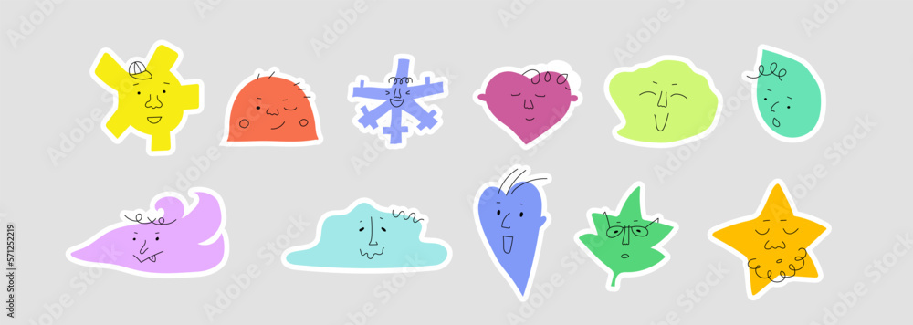 Cute children style emotional sticker about weather and environment. Abstract characters set simple doodle style for print, social media, messenger.