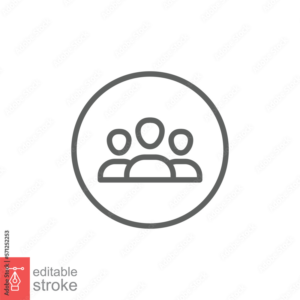 3 people line icon. Simple outline style. Multi user, circle, group, person, service concept. Crowd sign symbol design. Vector illustration isolated on white background. Editable stroke EPS 10. 3 people line icon. Simple outline style. Multi user, circle, group, person, service concept. Crowd sign symbol design. Vector illustration isolated on white background. Editable stroke EPS 10.
