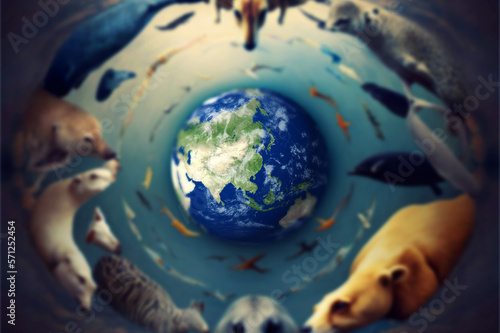 地球と様々な動物　生物多様性