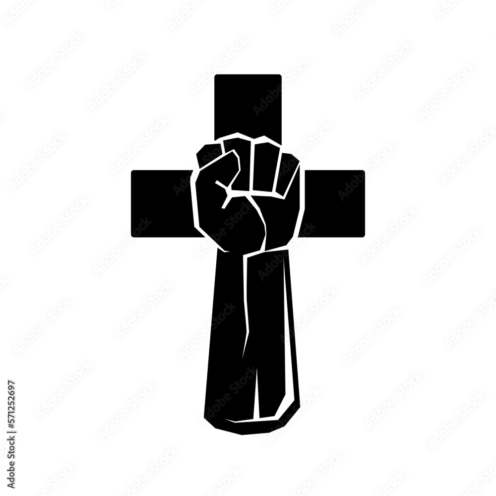 Fist and cross. Clenched fist and christian cross. Concept of strong christianity. Vector illustration. Church logo Fist and cross. Clenched fist and christian cross. Concept of strong christianity. Vector illustration. Church logo