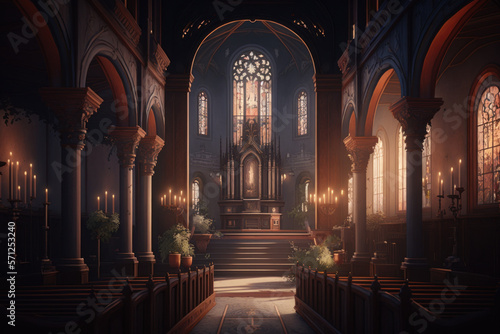 christian church interior with altar and light entering on windows. generative ai